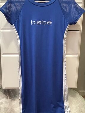 bebe Royal Blue Rhinestone Logo Sporty Mesh-Sleeve Dress